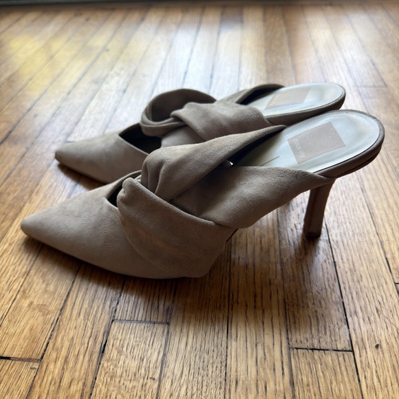 Dolce Vita Tan Suede Pointed Toe Twisted Knot Mules Stiletto Heels Womens Size 9 - Picture 3 of 7